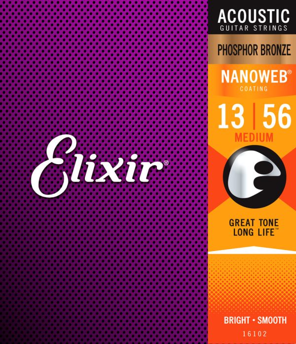 Elixir 16102 Phosphor Bronze Nanoweb Coated Acoustic Guitar Strings Medium 13-56 Online Hot Sale